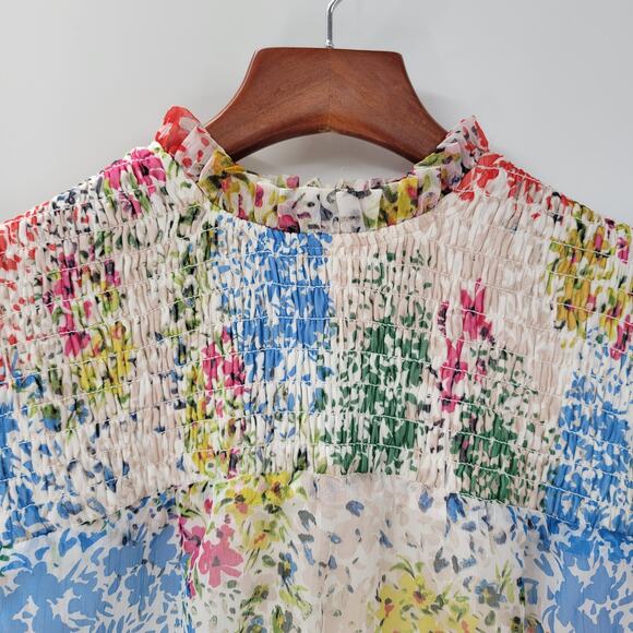 AQUA Womens‎ Dress S Cream Blue Floral Smocked Ruffle Trim Long Sleeve Mini - Picture 9 of 14